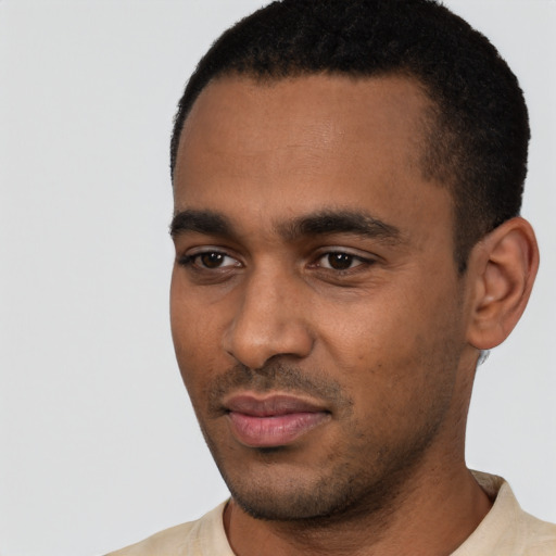 Neutral black young-adult male with short  black hair and brown eyes