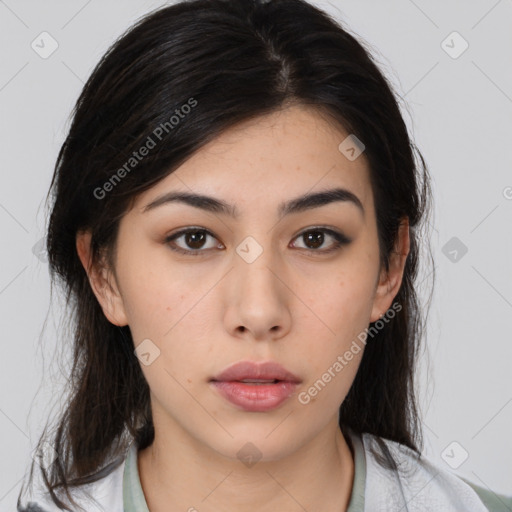 Neutral asian young-adult female with medium  brown hair and brown eyes