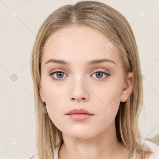 Neutral white young-adult female with long  brown hair and brown eyes