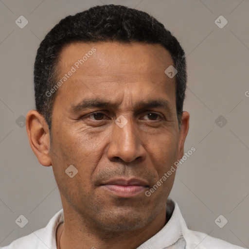 Neutral latino adult male with short  black hair and brown eyes