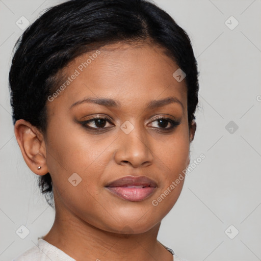 Joyful latino young-adult female with short  brown hair and brown eyes