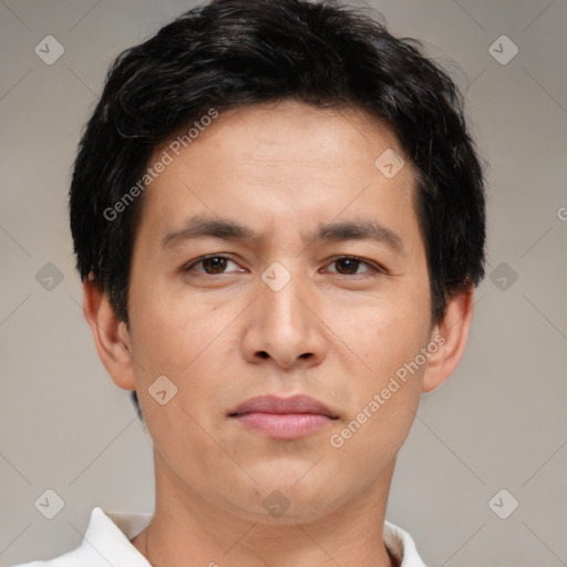 Neutral white young-adult male with short  brown hair and brown eyes