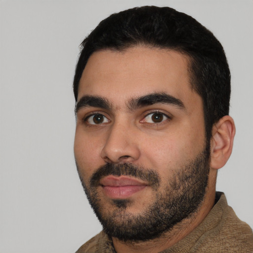 Neutral latino young-adult male with short  black hair and brown eyes