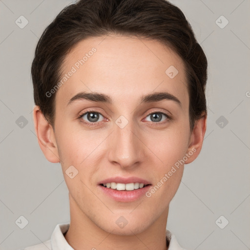 Joyful white young-adult female with short  brown hair and brown eyes