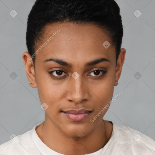 Joyful latino young-adult female with short  brown hair and brown eyes