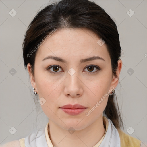 Neutral white young-adult female with medium  brown hair and brown eyes