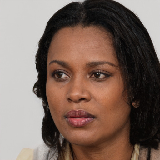 Neutral black adult female with long  black hair and brown eyes