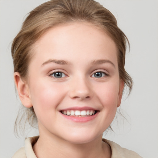 Joyful white child female with medium  brown hair and blue eyes