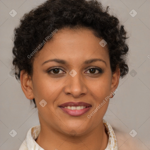 Joyful black young-adult female with short  brown hair and brown eyes