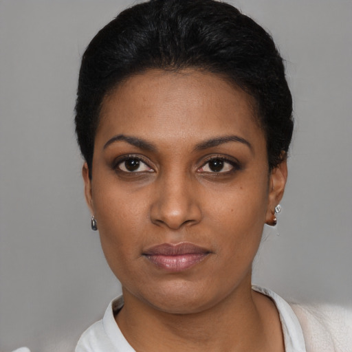 Neutral black young-adult female with short  black hair and brown eyes
