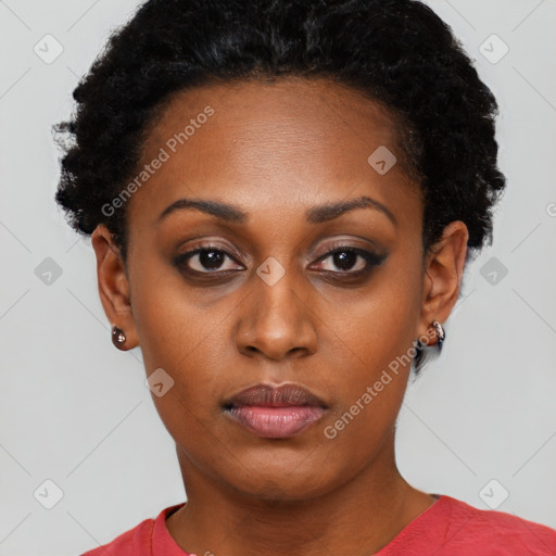 Neutral black young-adult female with short  black hair and brown eyes