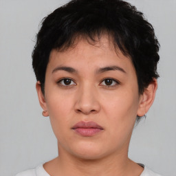 Neutral asian young-adult female with short  brown hair and brown eyes