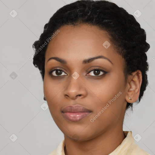 Neutral black young-adult female with short  black hair and brown eyes