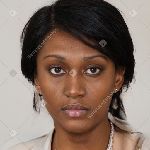 Neutral black young-adult female with medium  brown hair and brown eyes