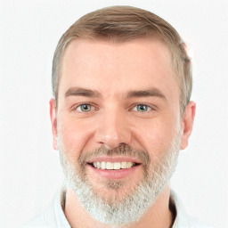 Joyful white adult male with short  brown hair and grey eyes