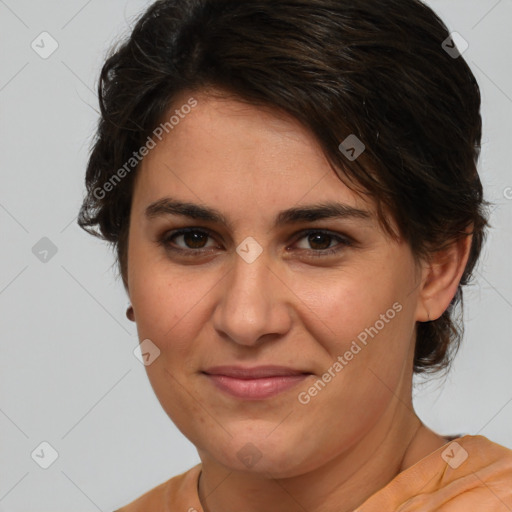 Joyful white young-adult female with medium  brown hair and brown eyes