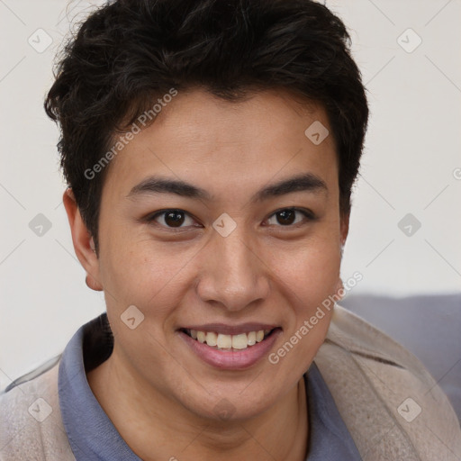 Joyful latino young-adult male with short  brown hair and brown eyes