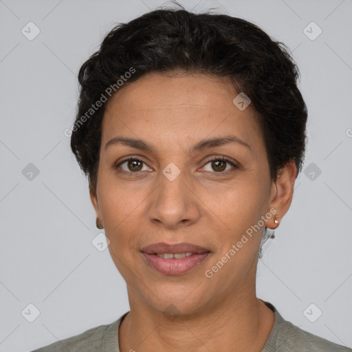 Joyful white adult female with short  brown hair and brown eyes