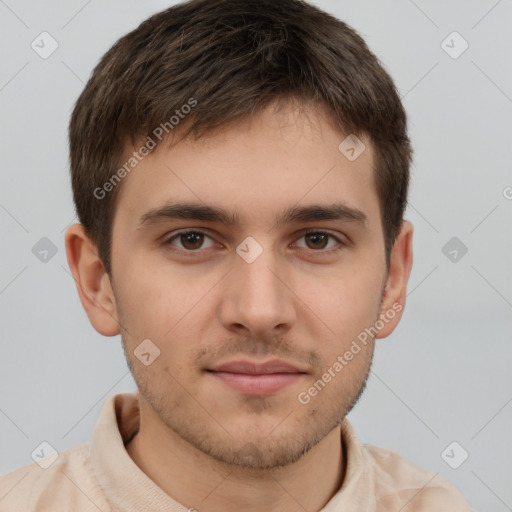 Neutral white young-adult male with short  brown hair and brown eyes