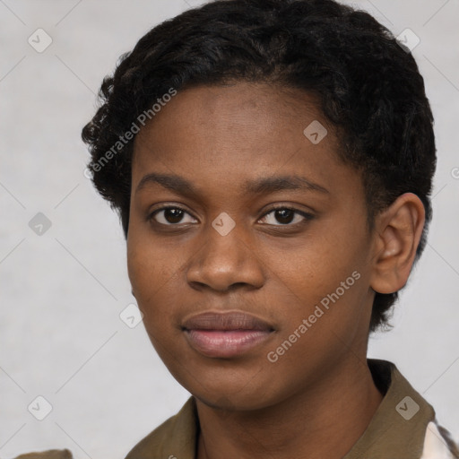 Neutral black young-adult female with short  black hair and brown eyes