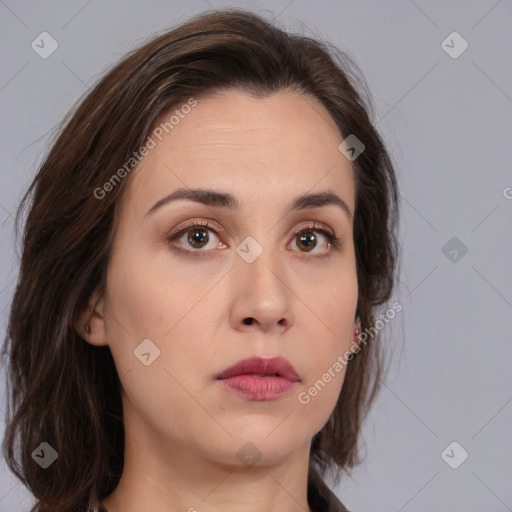 Neutral white young-adult female with medium  brown hair and brown eyes