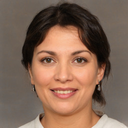 Joyful white adult female with medium  brown hair and brown eyes