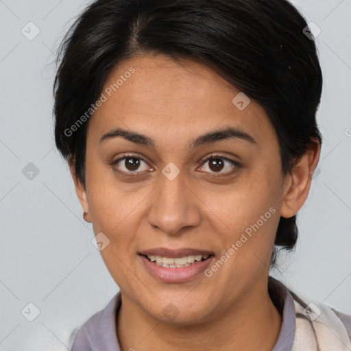 Joyful latino young-adult female with short  brown hair and brown eyes