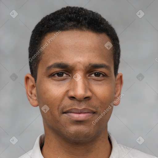 Neutral latino young-adult male with short  black hair and brown eyes