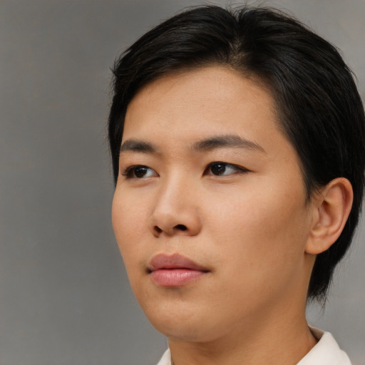 Neutral asian young-adult female with short  black hair and brown eyes