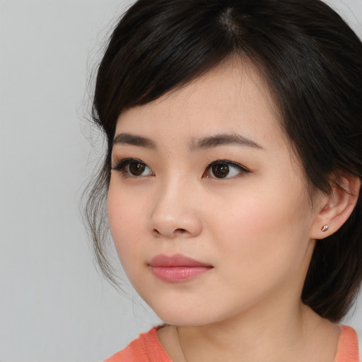 Neutral asian young-adult female with long  brown hair and brown eyes