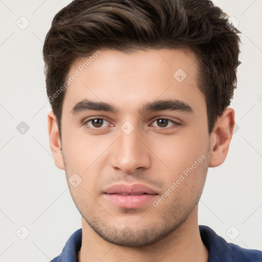 Neutral white young-adult male with short  brown hair and brown eyes