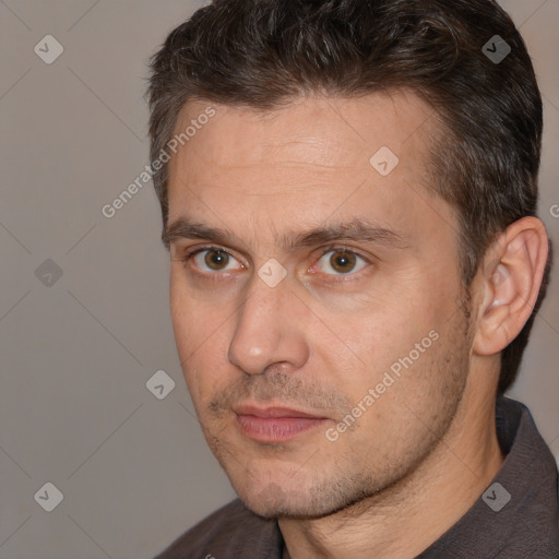 Neutral white adult male with short  brown hair and brown eyes