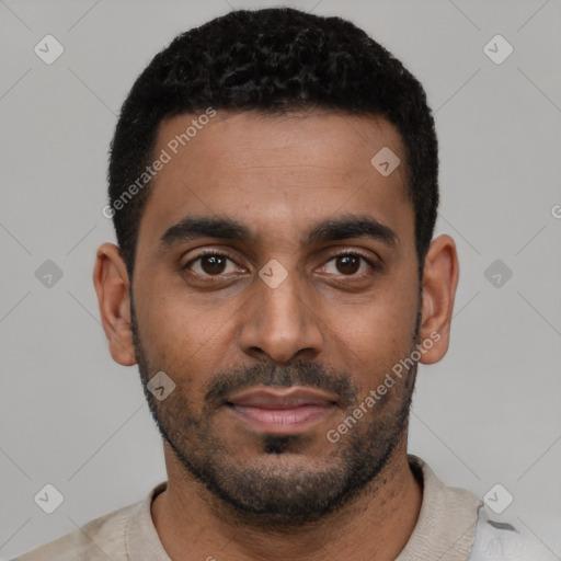 Neutral black young-adult male with short  black hair and brown eyes
