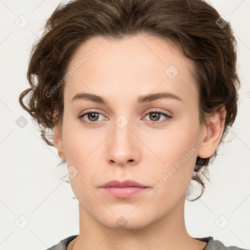 Neutral white young-adult female with medium  brown hair and grey eyes