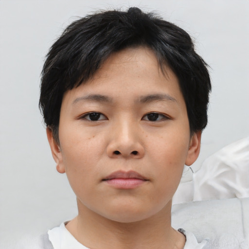 Neutral asian young-adult female with short  brown hair and brown eyes