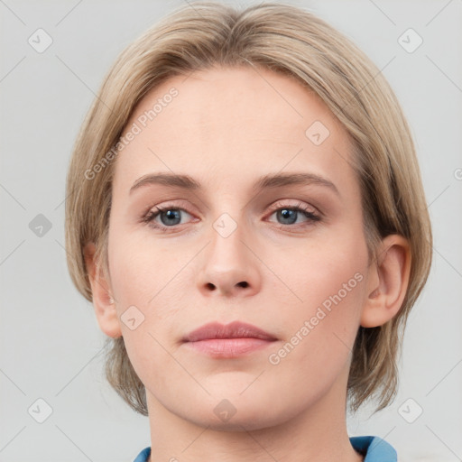 Neutral white young-adult female with medium  brown hair and blue eyes