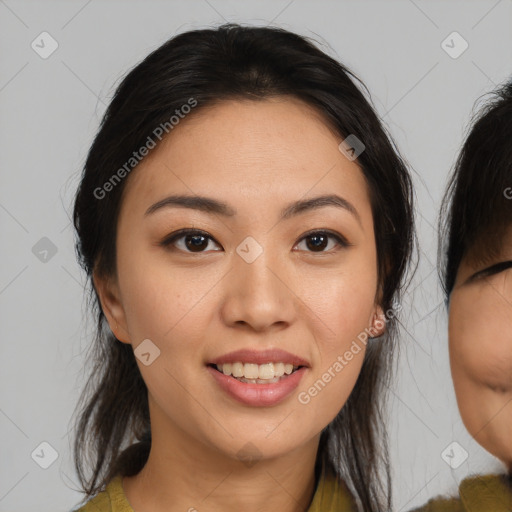 Joyful white young-adult female with medium  brown hair and brown eyes