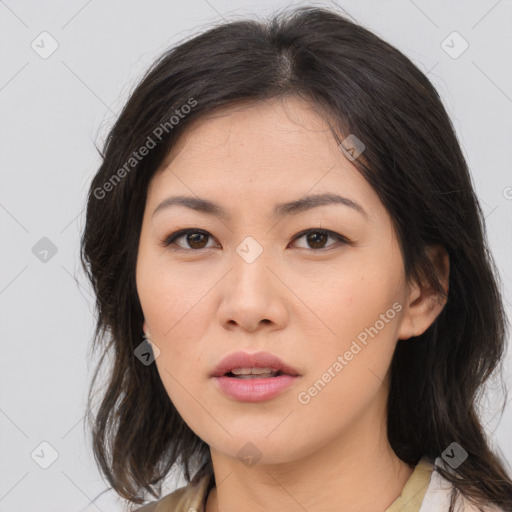 Neutral asian young-adult female with medium  brown hair and brown eyes