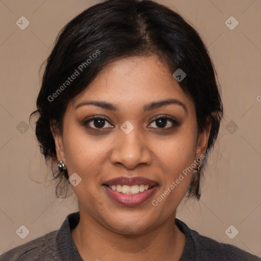 Joyful latino young-adult female with medium  brown hair and brown eyes