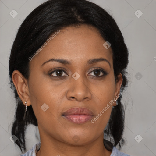 Joyful black young-adult female with medium  brown hair and brown eyes
