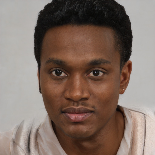 Joyful black young-adult male with short  black hair and brown eyes