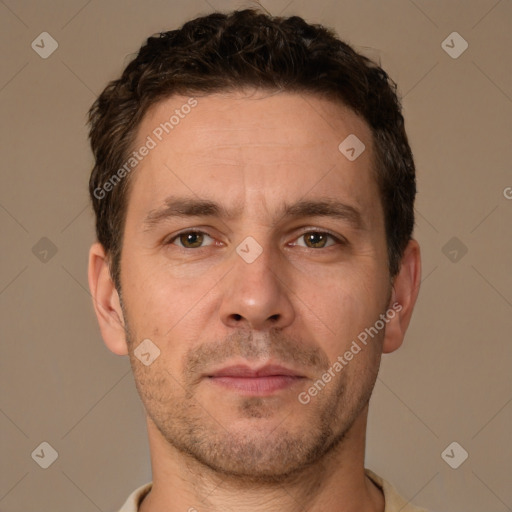 Neutral white adult male with short  brown hair and brown eyes