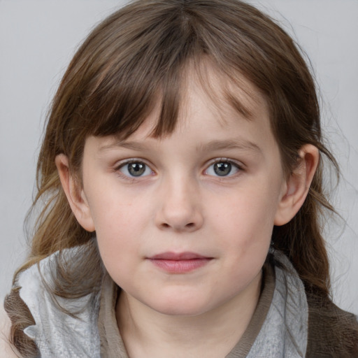 Neutral white child female with medium  brown hair and grey eyes