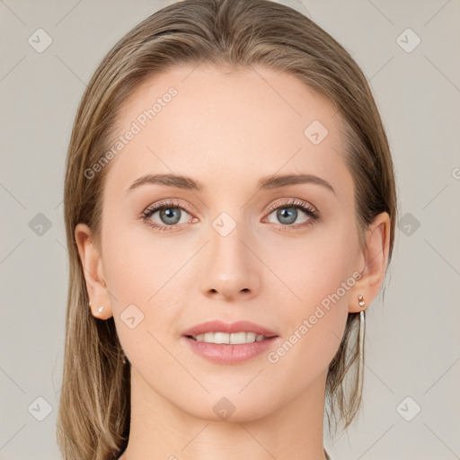 Joyful white young-adult female with medium  brown hair and grey eyes