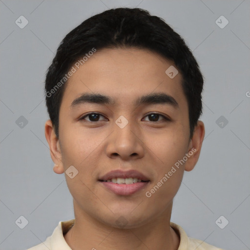 Joyful latino young-adult male with short  black hair and brown eyes