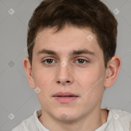 Neutral white young-adult male with short  brown hair and brown eyes