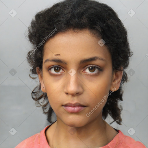 Neutral latino young-adult female with medium  black hair and brown eyes