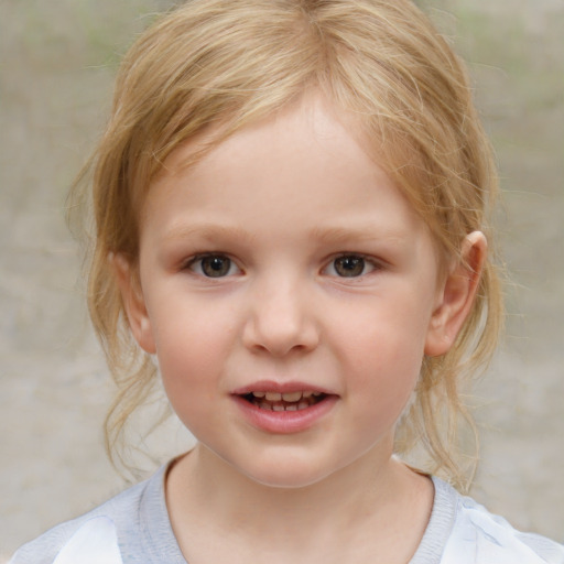 Joyful white child female with medium  blond hair and brown eyes