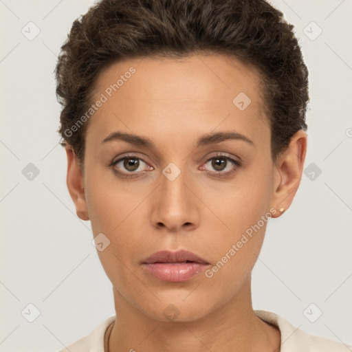 Neutral white young-adult female with short  brown hair and brown eyes