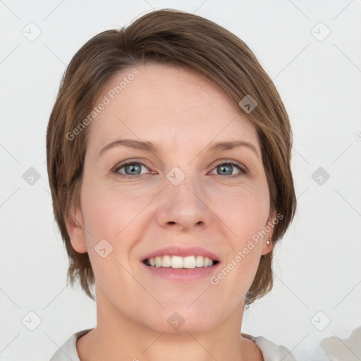 Joyful white young-adult female with medium  brown hair and blue eyes